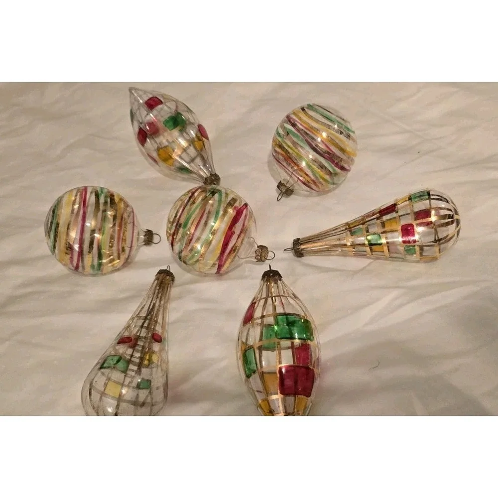 Lot Of 7 Vintage Hand Painted Blown Glass With Gold Glitter Ornament